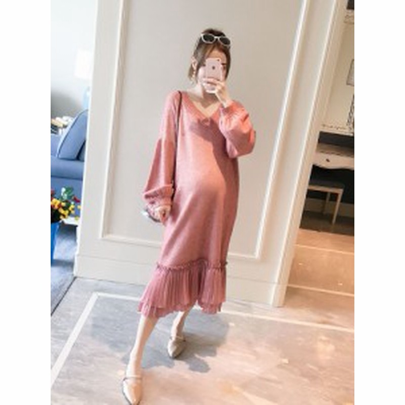 マタニティ ワンピース Vネック プリーツのフリル丈 セーターワンピース マタニティウェア ルームウェア 普段着 ゆったり 大きいサイズ 通販 Lineポイント最大1 0 Get Lineショッピング