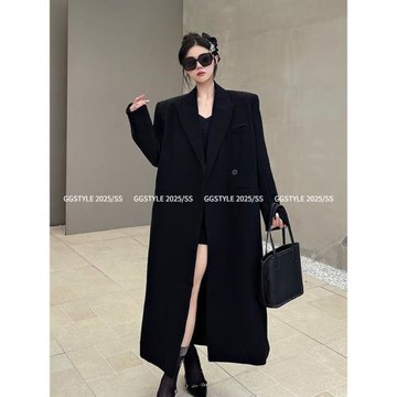 模特高級感黑色長款西裝外套女2025春季新款寬松潮流長袖西服大衣