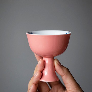 桃紅手繪蘭花高足杯功夫單杯品茗主人杯功夫高腳茶杯陶瓷個人專用