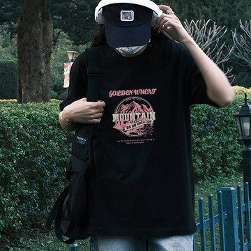 MXIAN - 純棉寬版印花T恤-粉色山脈-黑色