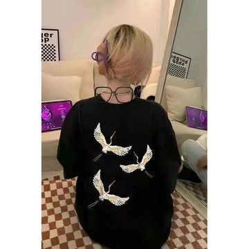 臺灣/✨ 短袖 T恤 寬鬆上衣 2025年夏季新款短袖t恤女歐美仙鶴印花寬松潮流設計感半袖上衣ins