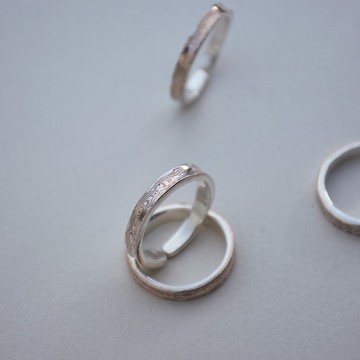 手工製作銀+銅木目金木紋金Mokume gane鑲銀開口細臂戒指