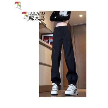 啄木鳥寬松美式大碼春夏束腳休閑褲女ins直筒戶外防水沖鋒褲 女生