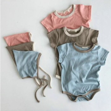 夏季男女寶寶短袖三角哈衣嬰兒洋氣純色包屁衣彈力坑條棉爬服韓國