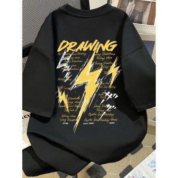 100純棉夏季新款閃電印花短袖t恤情侶寬松設計感個性半袖學生上衣