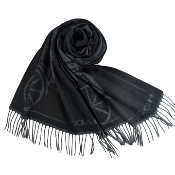 COACH 經典馬車圖案羊毛流蘇圍巾-黑色