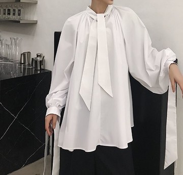 FINDSENSE H1 2018 夏季 新款 個性  領口袖口飄帶 長袖 襯衫 潮流 時尚 男 襯衣 獨家款