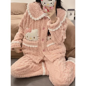 睡衣女秋冬季款珊瑚絨加絨加厚可愛卡通少女大碼法蘭絨家居服套裝