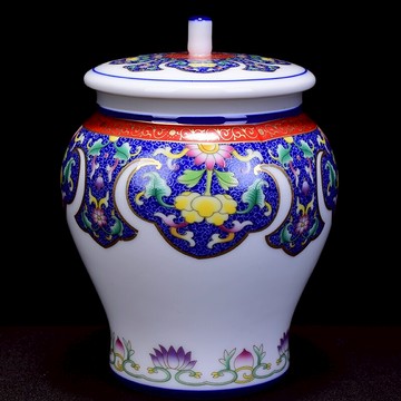 陶生活如意琺瑯彩仿古茶具手繪將軍罐小號陶瓷密封茶葉罐古典圖案