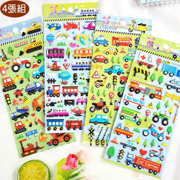卡通立體泡泡貼紙飛機汽車工程車泡棉立體貼紙玩具4張組 46024(生日禮物 聖誕節 平輸品)【卡通小物】