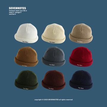 SEVENNOTES卷邊刺地主帽男女雅痞繡針織瓜皮帽冷帽毛線帽日系簡約