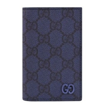 GUCCI GG Supreme 雙G LOGO印花皮革對開式卡夾(深藍)