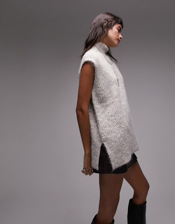 Topshop knitted long line fluffy tank in neutral