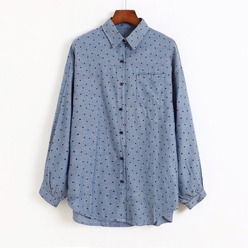 翻領圓點長袖襯衫 春季新款寬松休閑上衣女紐扣襯衣 打底衫B/5-2