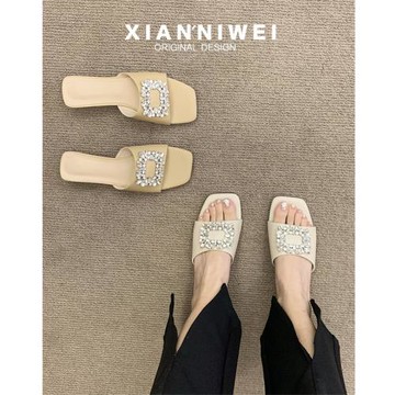 韓版水鉆平底拖鞋女夏季外穿2025新款仙女風涼拖鞋方頭露趾一字拖