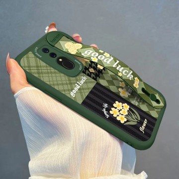 適用OPPOA9手機殼腕帶ins綠色花朵OPPOK10/K9日韓K11/K12全包A5/A7套支架A11S女新款K5K3K7軟硅膠X防摔PRO