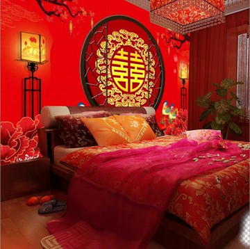 中式婚禮背景墻布婚房裝飾酒店場景布置傳統拜堂龍鳳囍字喜慶壁紙