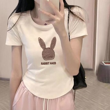 不規則短款正肩短袖t恤女上衣新款修身顯瘦純棉設計感小眾奶油色