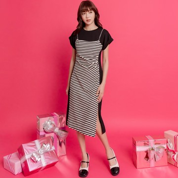 niceioi 摩登情調撞色條紋羅馬布洋裝