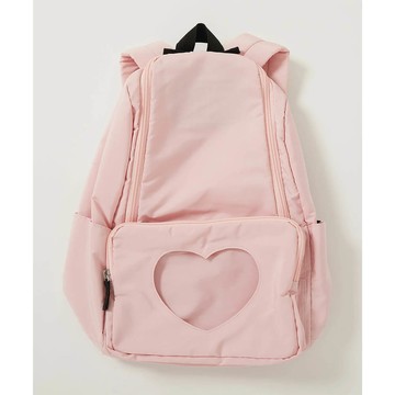 日本 devirock - 心型透明窗(娃包口袋)輕巧大容量後背包-附鏡子-櫻粉