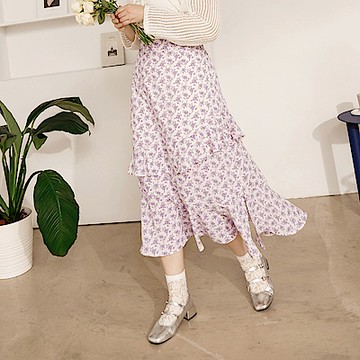 雲朵自訂款-碎花荷葉層次側開衩魚尾長裙-OB大尺碼