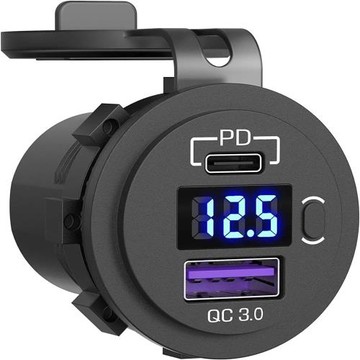 車載手機充電器PD+QC3.0改裝車充帶電壓顯示帶開關快速快充車用