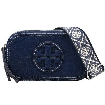 TORY BURCH 品牌經典LOGO牛仔布寬背帶斜背雙層相機包(藍)