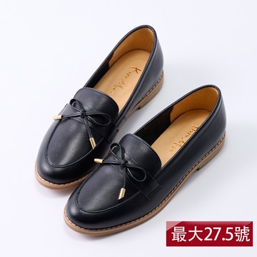 【大尺碼女鞋】真皮小蝴蝶樂福鞋(修飾腳型/最大27.5)-墨黑