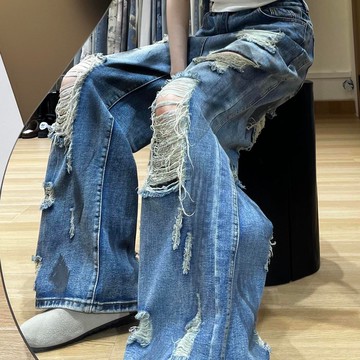 衣時尚 大碼長褲 牛仔褲 闊腿褲 拖地褲 中大尺碼 S-3XL新款美式復古藍破洞乞丐牛仔褲垂感拖地闊腿褲-7364.