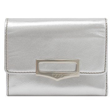 【全新福利品】TODS 亮漆皮銀釦三摺短夾.銀色