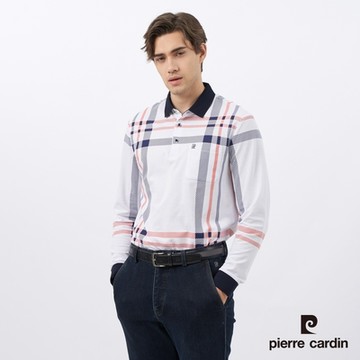 pierre cardin 皮爾卡登 男款 大定位格印花長袖POLO衫-白色(5235296-90)