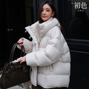 初色 韓系純色拉鍊連帽領長袖禦寒防風保暖鴨絨羽絨外套女外套-共4色-16685(S/M可選)