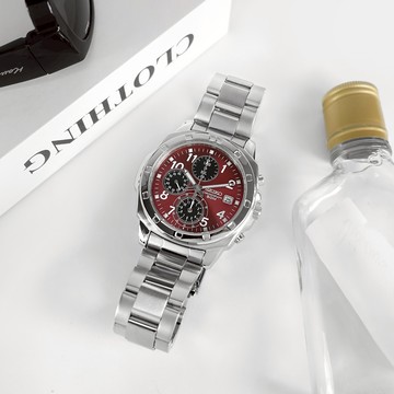 SEIKO 精工 / SND495PC / 三眼計時 數字刻度 夜光 日期 不鏽鋼手錶 酒紅色 39mm