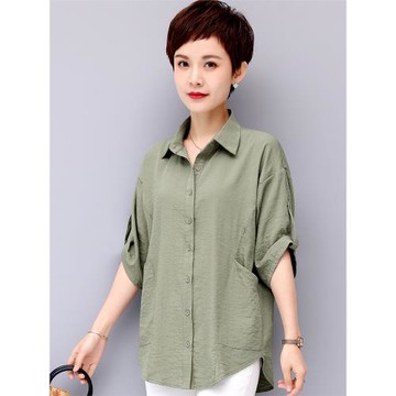 棉麻短袖女2025夏季新款寬松韓版洋氣小衫中年媽媽裝大碼顯瘦上衣