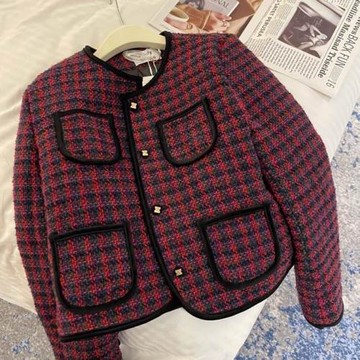 小香風時髦酒紅格子絲絨短外套