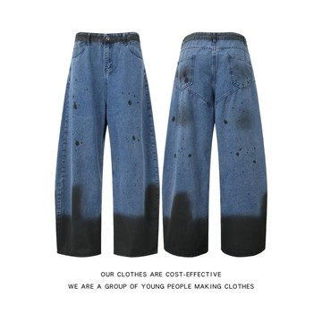 潮牌美式復古潑墨寬鬆水洗牛仔長褲男秋季新款休閒寬褲男