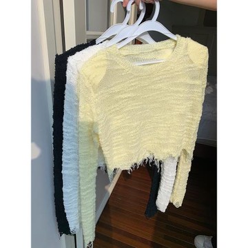 妃兒針織衫女秋氣質短款純色圓領毛邊長袖修身輕薄小個子辣妹上衣