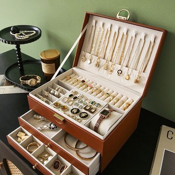 新款輕奢首飾盒多層耳釘大容量帶鎖珠寶盒耳飾飾品抽屜式收納盒