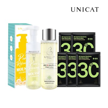 UNICAT金盞花洗卸泡泡慕斯150ml+3分鐘毛孔緊膚水150ml  送平衡黃金黑面膜5片