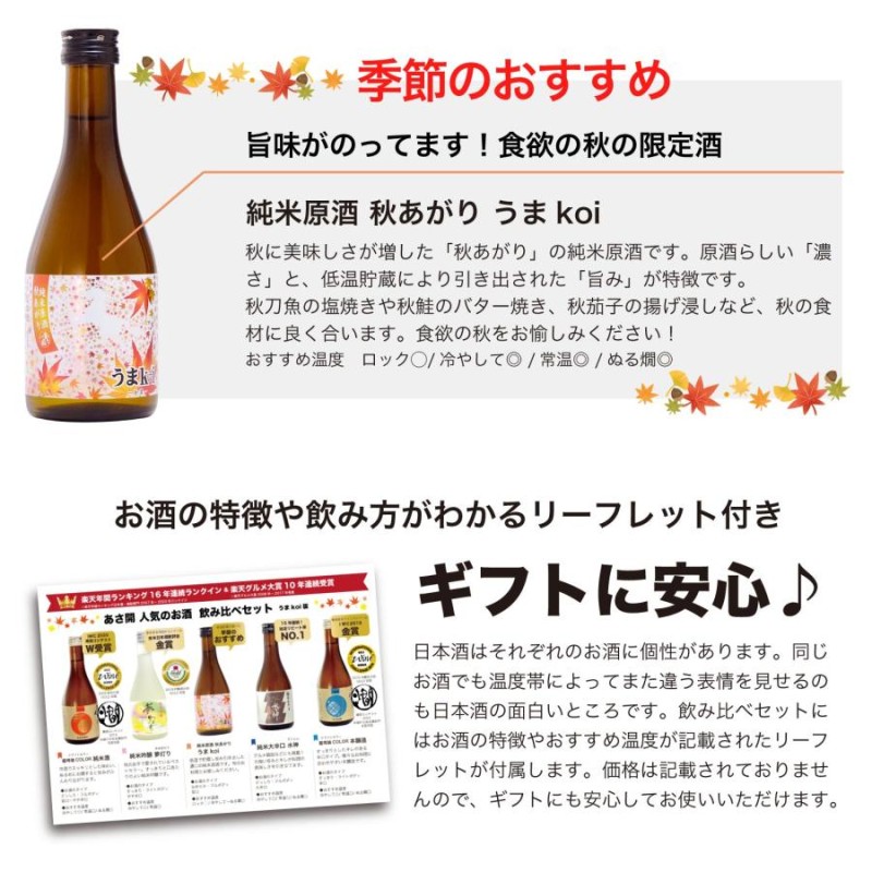 日本酒 飲み比べセット「純米原酒秋上がりうまkoi」300ml×5本 お歳暮