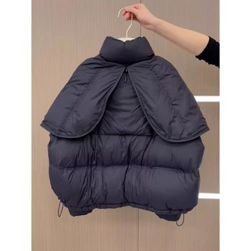 黑色短款連帽夾棉棉服外套女冬季歐貨設計感外穿保暖輕薄棉衣上衣