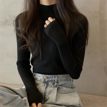 黑色半高領針織毛衣打底衫女秋冬高級感內搭T恤長袖修身顯瘦上衣