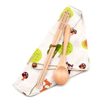 芬多森林 環保筷組 耐熱可重複使用 輕量不彎曲變形 1組  台灣檜木筷 + 荷木湯匙 + 棉布收納包  動物森林款 木色