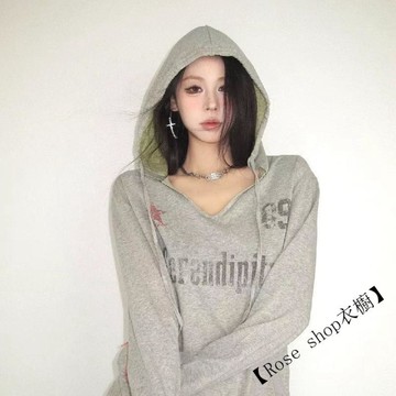 【臺灣出貨】🍉美式復古字母潮流印花連帽長袖T恤女休閒小衆上衣早春款百搭衛衣 t恤女 正韓T恤 女生上衣 休閒上衣