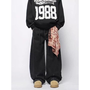 美式街頭撞色牛仔褲男方巾潮流痞帥休閒彎刀褲男