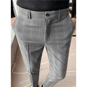 高級感復古千鳥格子休閑西褲男修身痞帥小腳直筒時尚商務西裝長褲