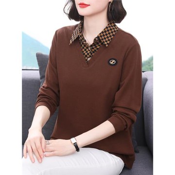 春秋新款長袖t恤女士寬松中年媽媽翻領純棉襯衫遮肚假兩件打底衫