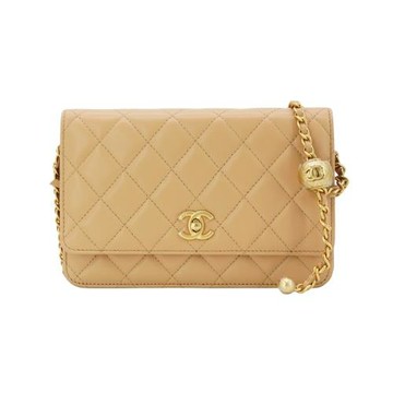 Chanel 展示品 金雙C菱格羊皮調節金球woc斜背包(AP1450-奶茶色)