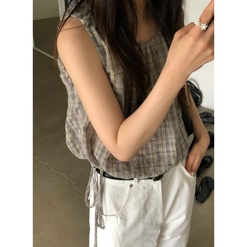 ˏˋ 𝐻𝑒𝑦 𝑆𝑝𝑟𝑖𝑛𝑔 - ̗̀ 🌷⛅️ ̖́‎韓國chic夏季新款甜美格子腰部抽繩顯瘦無袖衫