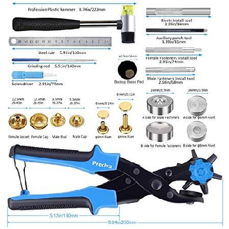Preciva Hole Punch Plier Set, Revolving Punch Hole Tool Kit with Punch Plier, Ruler, Grinding Rod, Plastic Hammer,240pcs Leather Double Cap Rivets and
